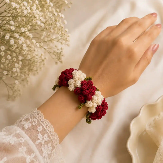 Handmade Red & White Crochet Gajra – Bridal Wrist Accessory (1 Pair)
