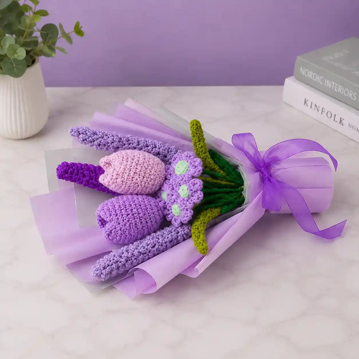 Small Crochet Tulip and Lilac Bouquet