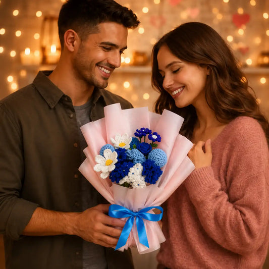 Crochet Blue and White Mixed Flower Bouquet