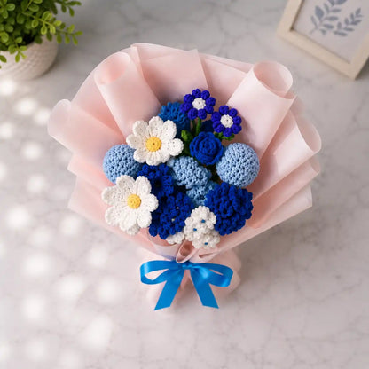 Crochet Blue and White Mixed Flower Bouquet