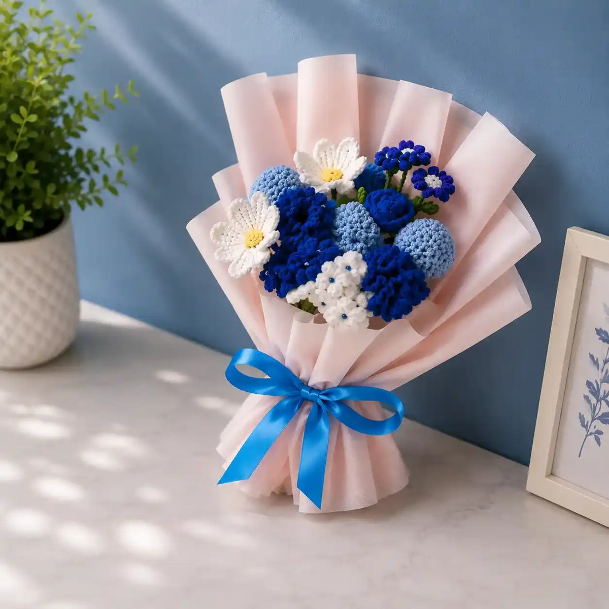 Crochet Blue and White Mixed Flower Bouquet