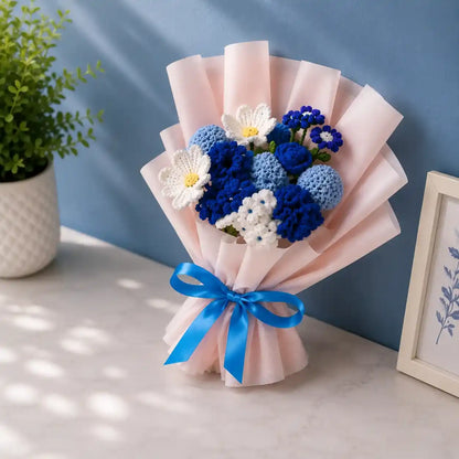 Crochet Blue and White Mixed Flower Bouquet