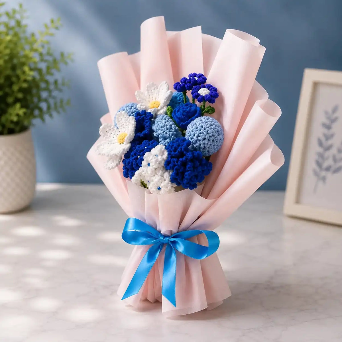 Crochet Blue and White Mixed Flower Bouquet