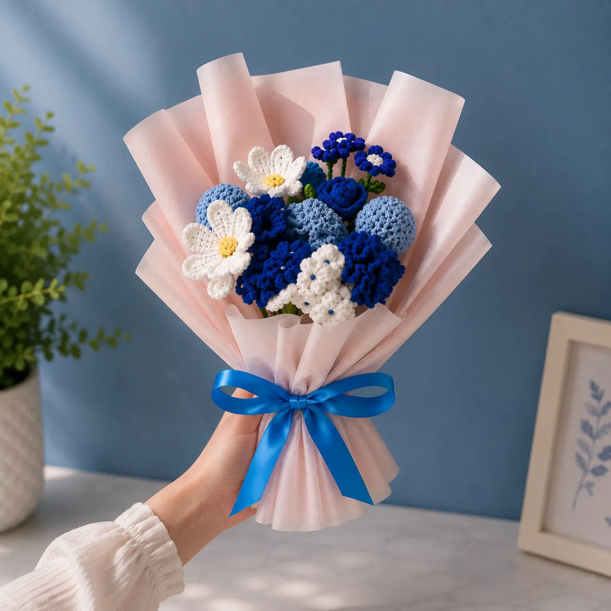 Crochet Blue and White Mixed Flower Bouquet