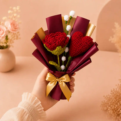 Crochet Heart and Rose Bouquet