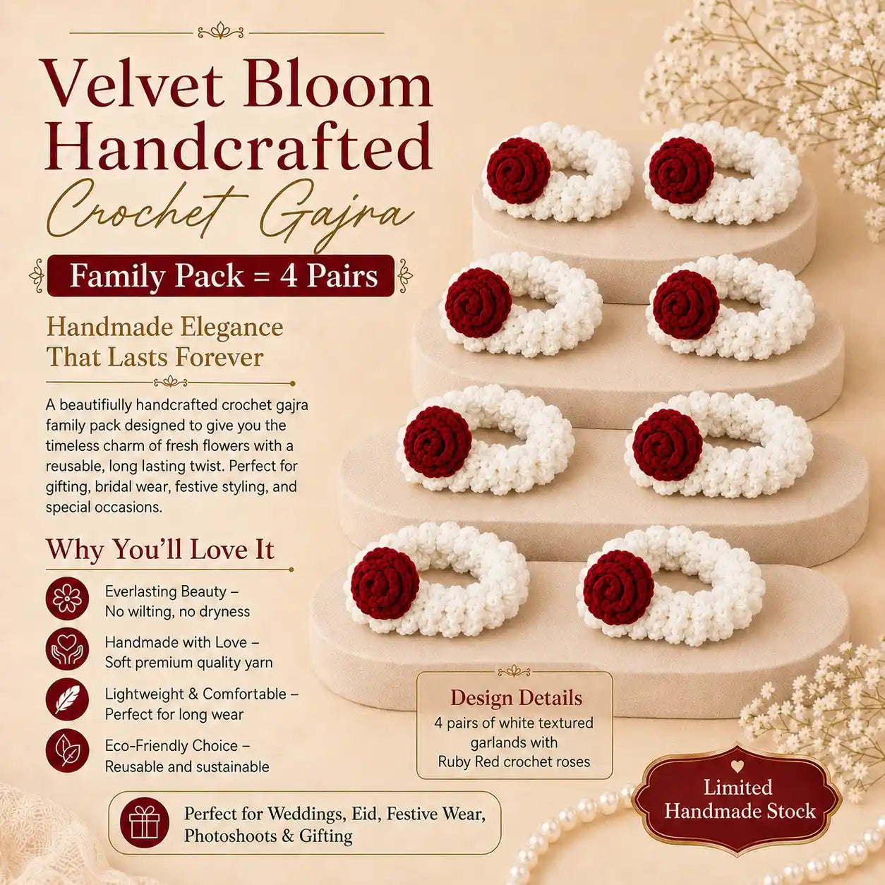 Velvet Bloom Handcrafted Crochet Gajra Family Pack – 4 Pairs
