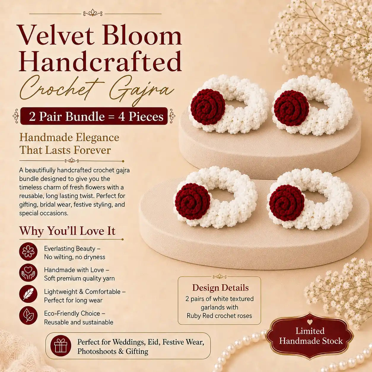 Velvet Bloom Handcrafted Crochet Gajra Rose Gajra