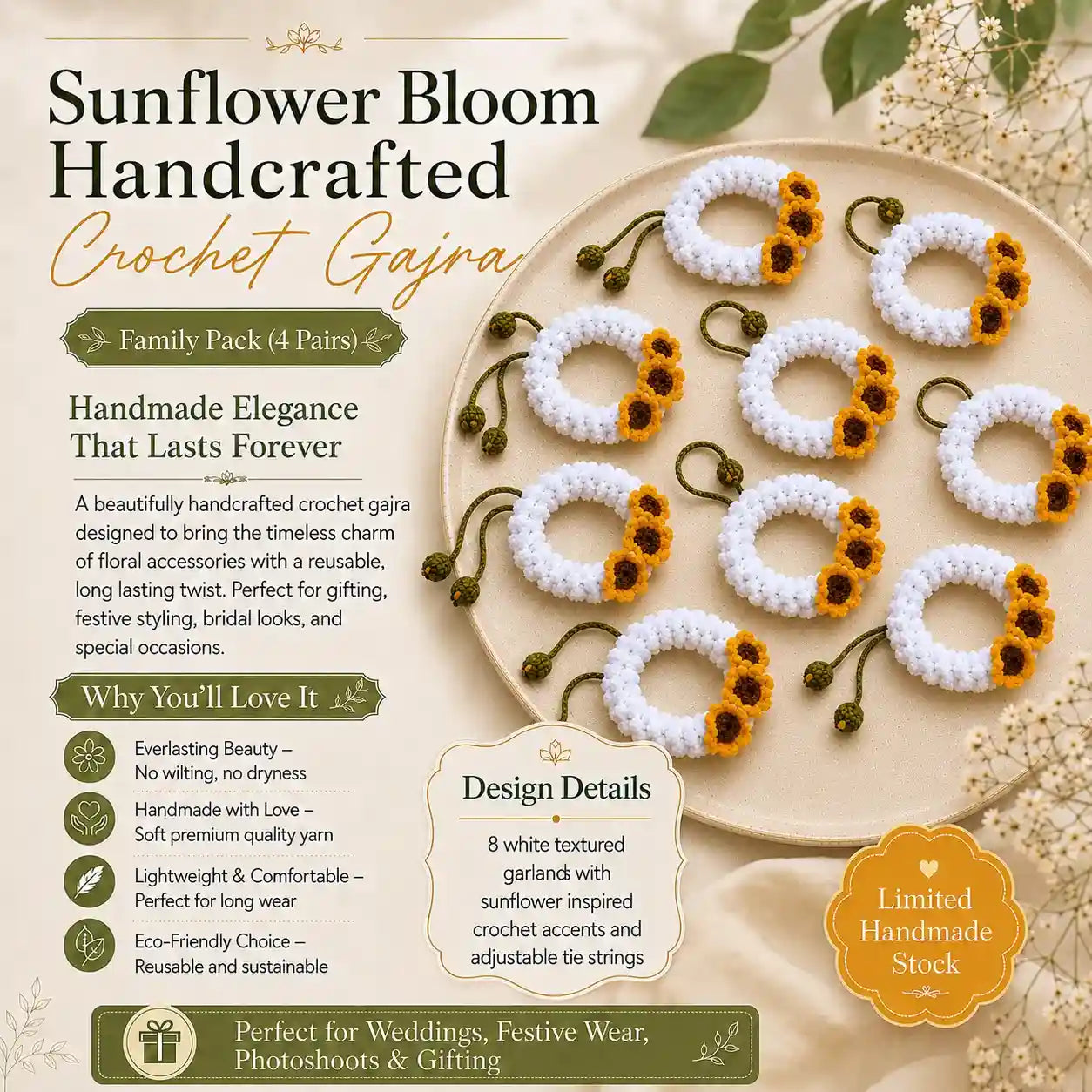 Sunflower Bloom Handcrafted Crochet Gajra Family Pack 4 Pair Bundle