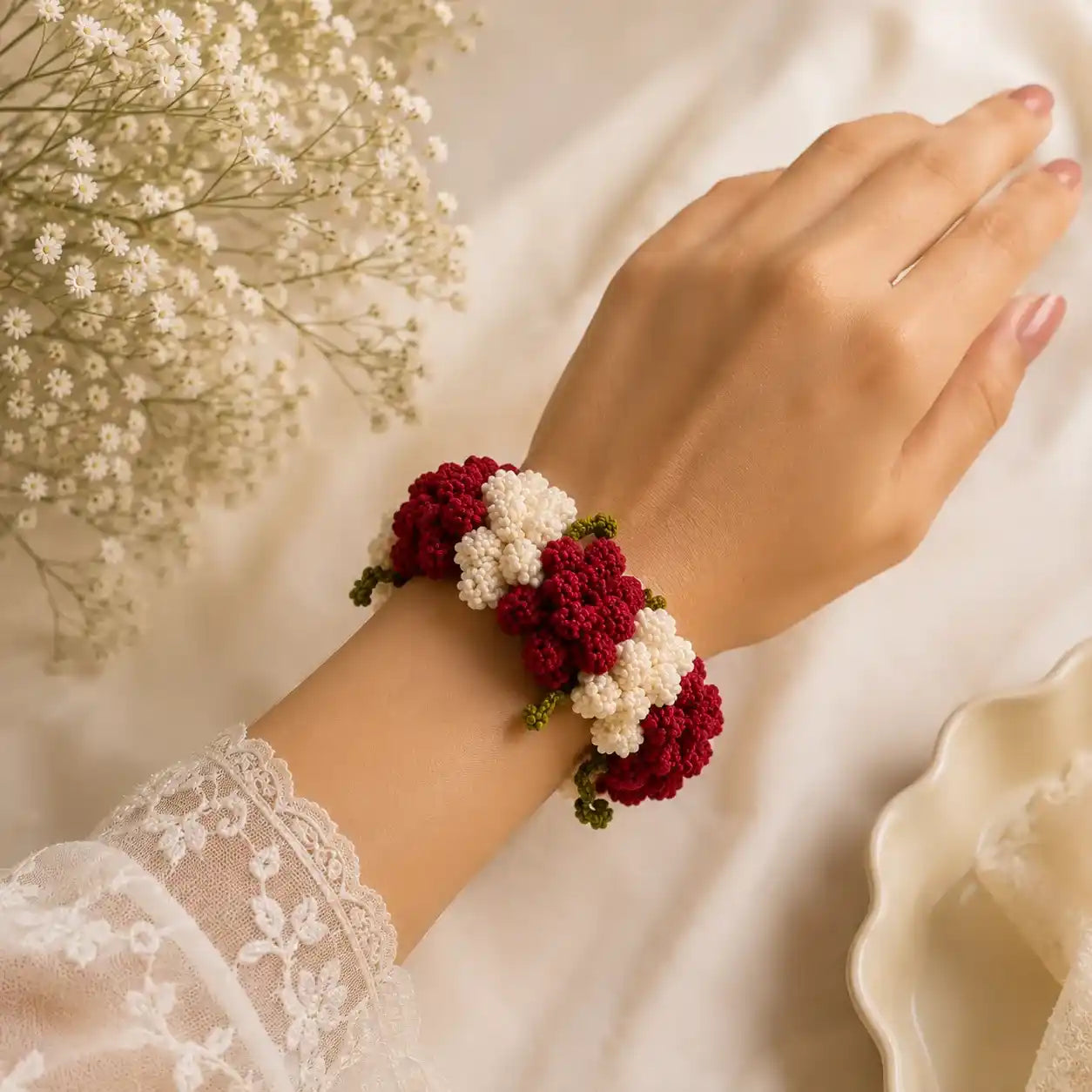 Red and White Crochet Gajra