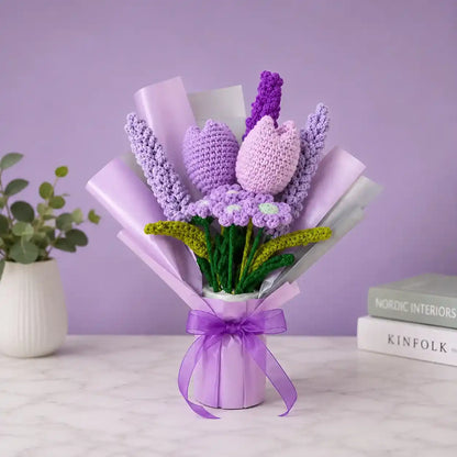 Small Crochet Tulip and Lilac Bouquet