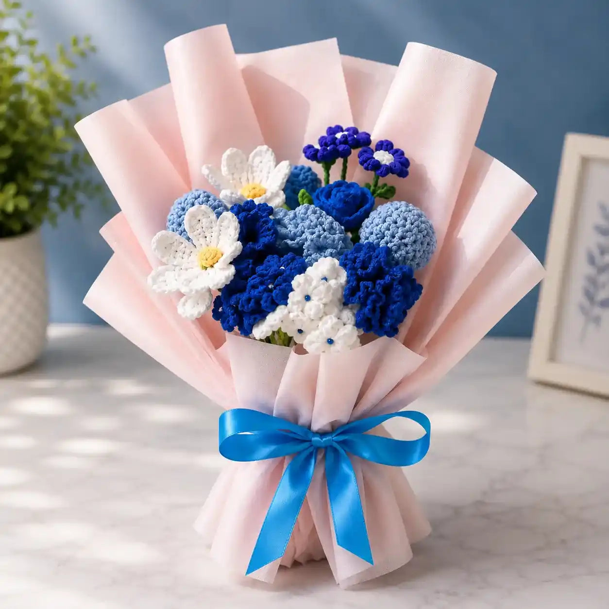 Crochet Blue and White Mixed Flower Bouquet
