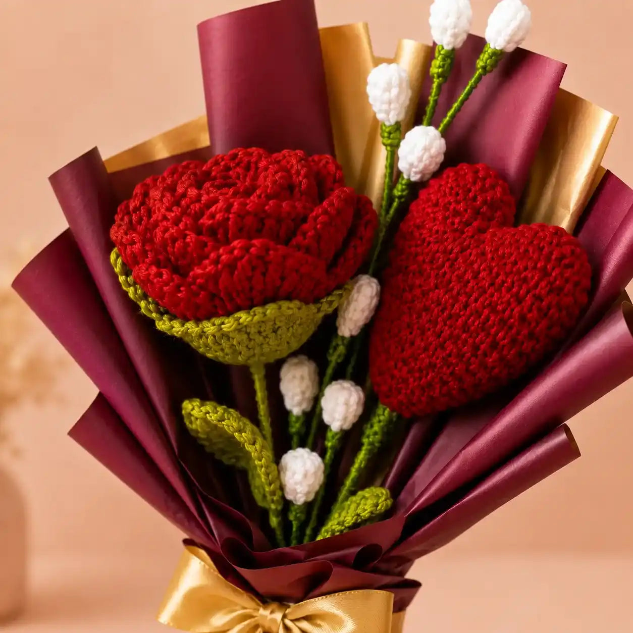 Crochet Heart and Rose Bouquet