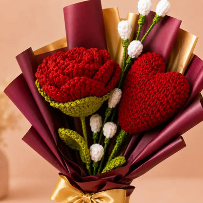 Crochet Heart and Rose Bouquet