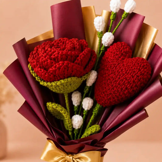 Crochet Heart and Rose Bouquet
