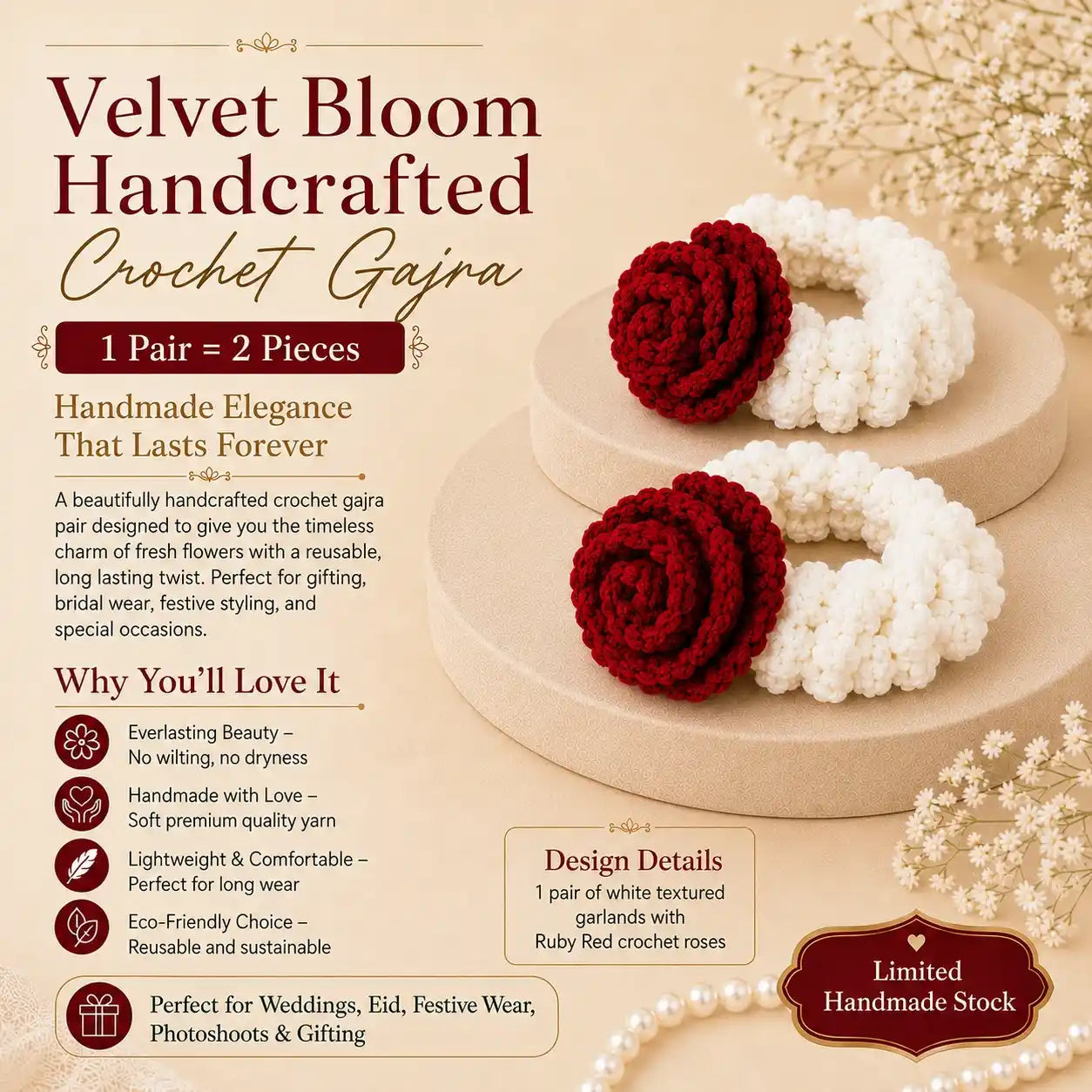 Velvet Bloom Handcrafted Crochet Gajra Rose Gajra