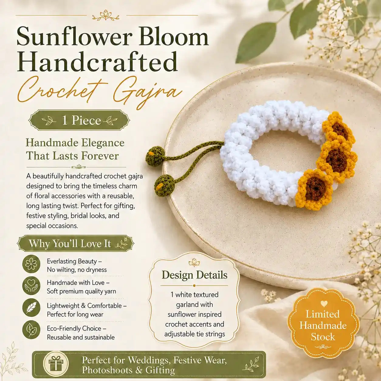 Handmade Crochet sunflower Gajra