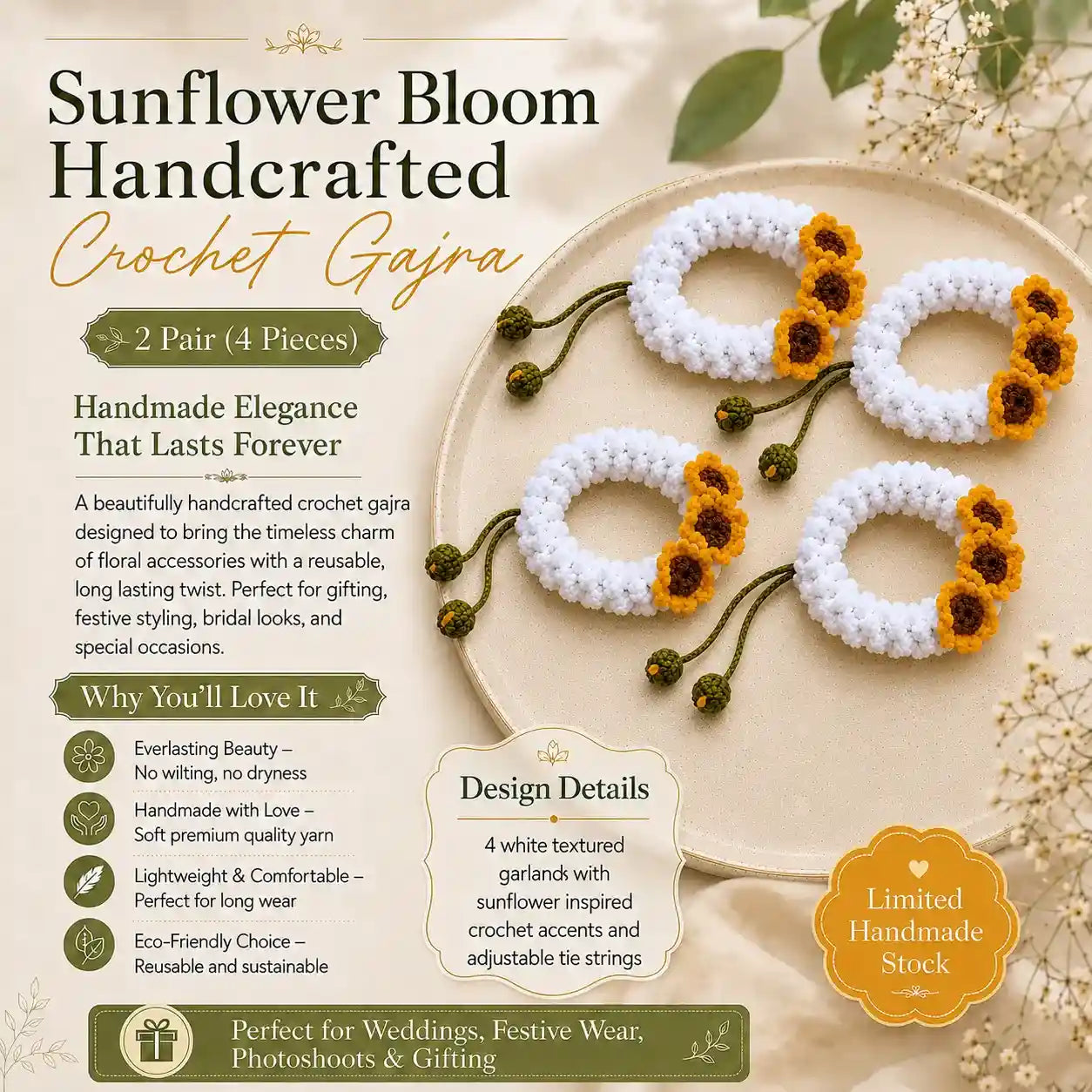 Handmade Crochet sunflower Gajra