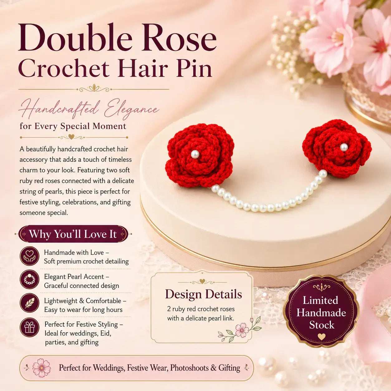 Double Rose Crochet Hair Pin