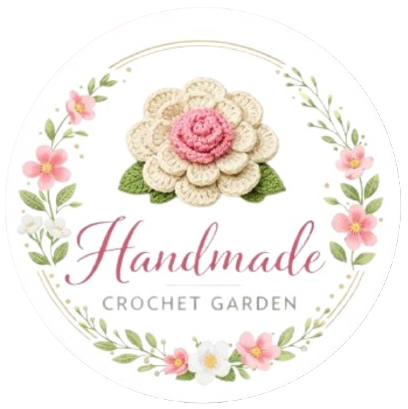 Logo for 'Handmade Crochet Garden' with a crochet flower and floral elements on a white background.