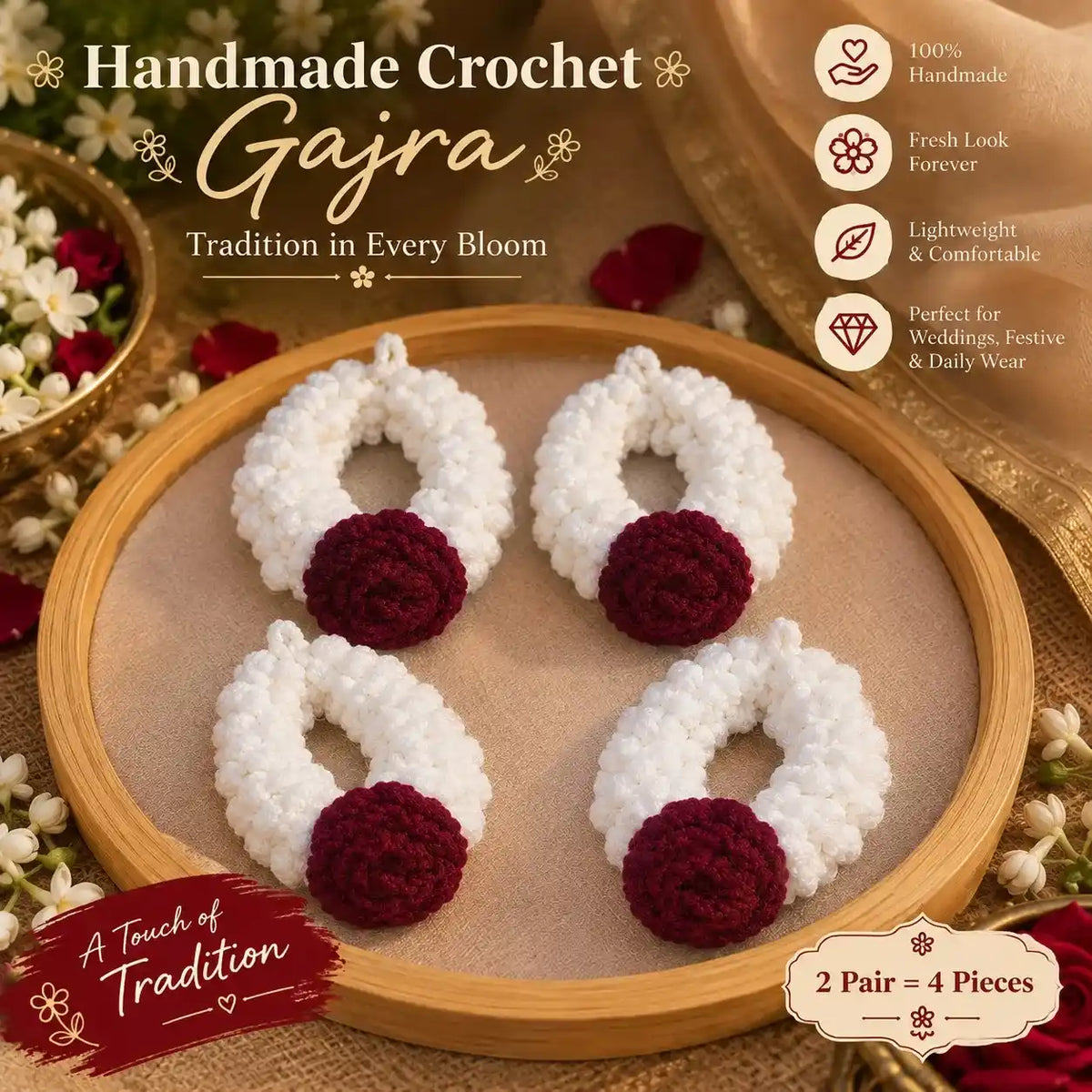Crochet Rose Wrist Gajra for Her | Handmade Floral Gajra Gift