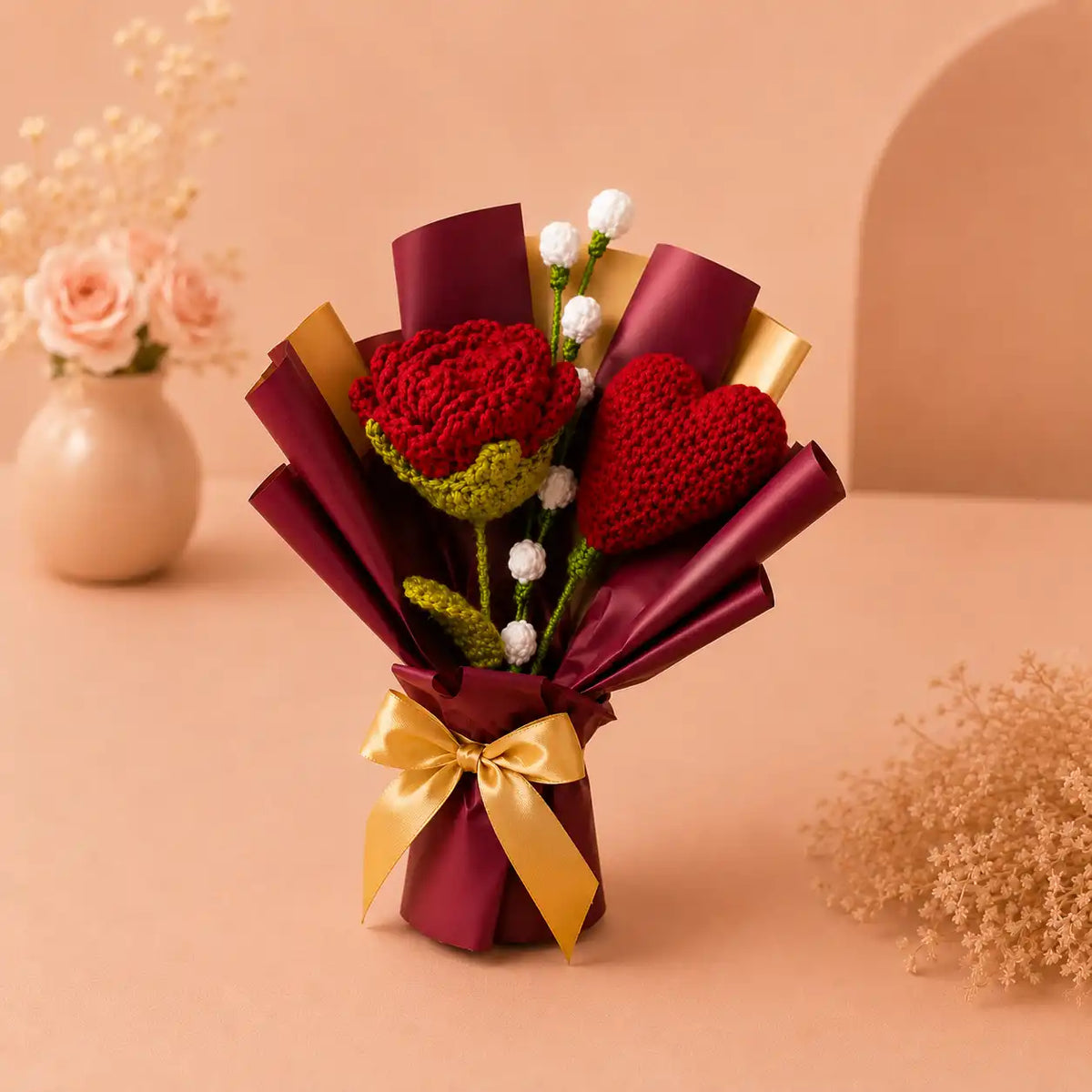 Crochet Heart and Rose Bouquet
