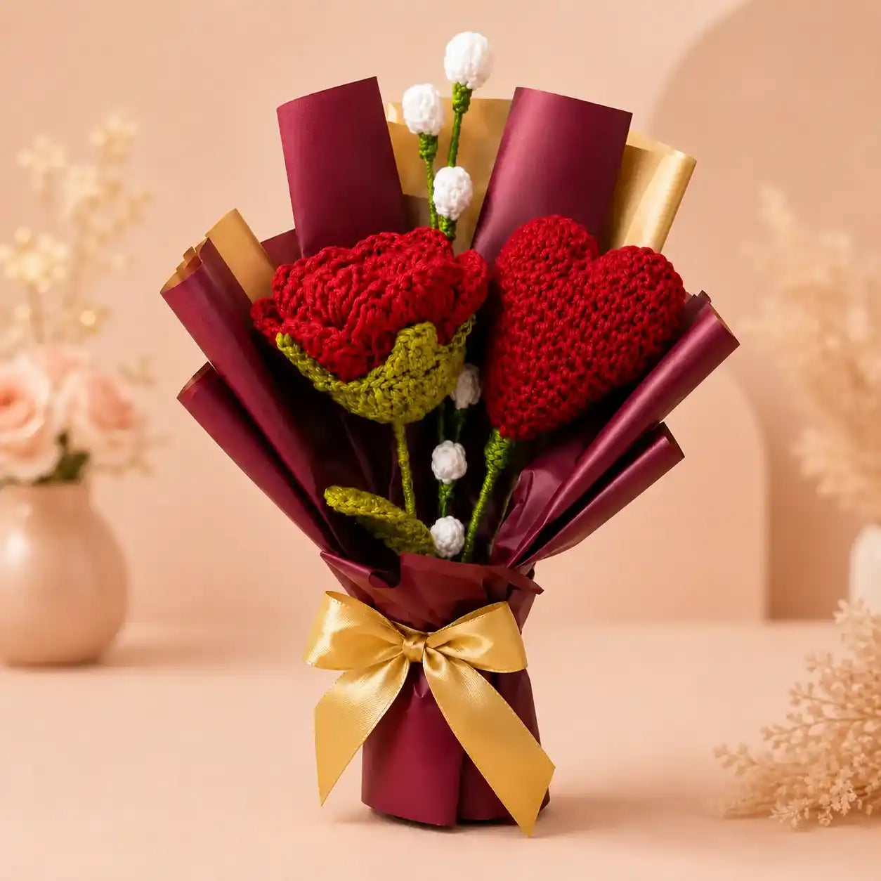 Crochet Heart and Rose Bouquet
