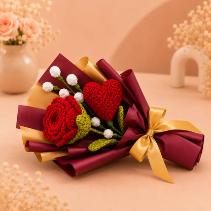Crochet Heart and Rose Bouquet