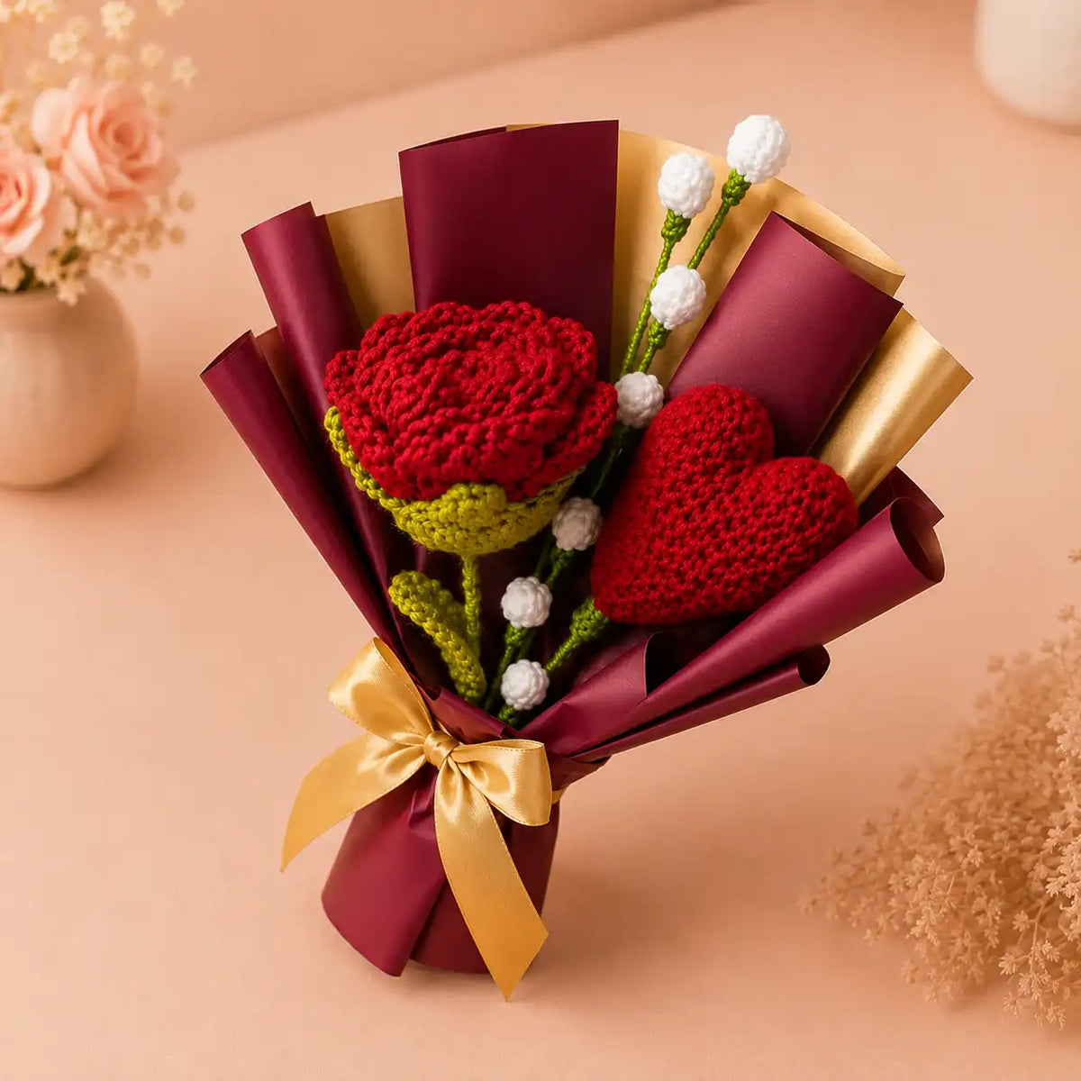 Crochet Heart and Rose Bouquet