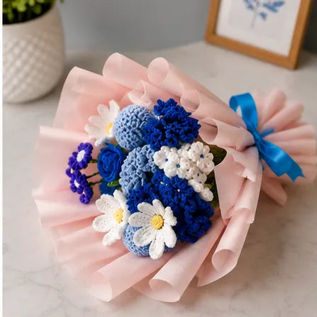 Crochet Blue and White Mixed Flower Bouquet