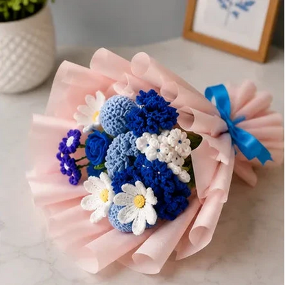 Crochet Blue and White Mixed Flower Bouquet