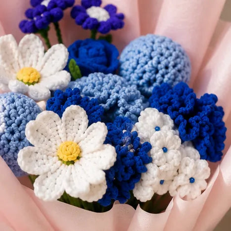 Crochet Blue and White Mixed Flower Bouquet